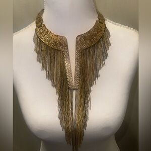 Runway BCBGMAXAZRIA Gold Tone Filigree Statement Necklace w/ Fringe Collar Rare